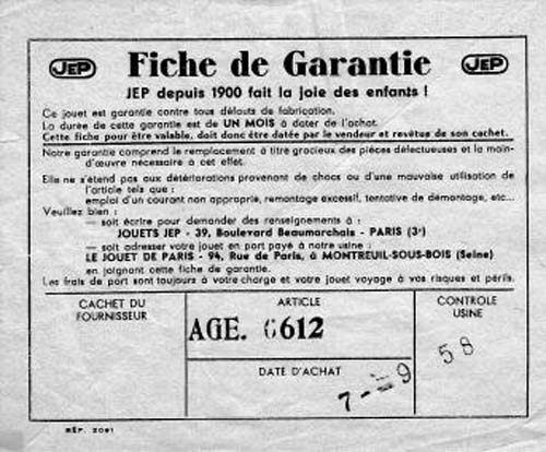Jep - Fiche de garantie age n°6612
