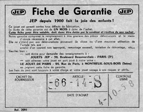 Jep - Fiche de garantie n° 6614S