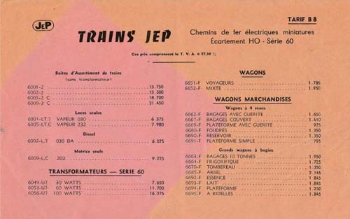 Jep - Tarifs B8 écartement HO série 60